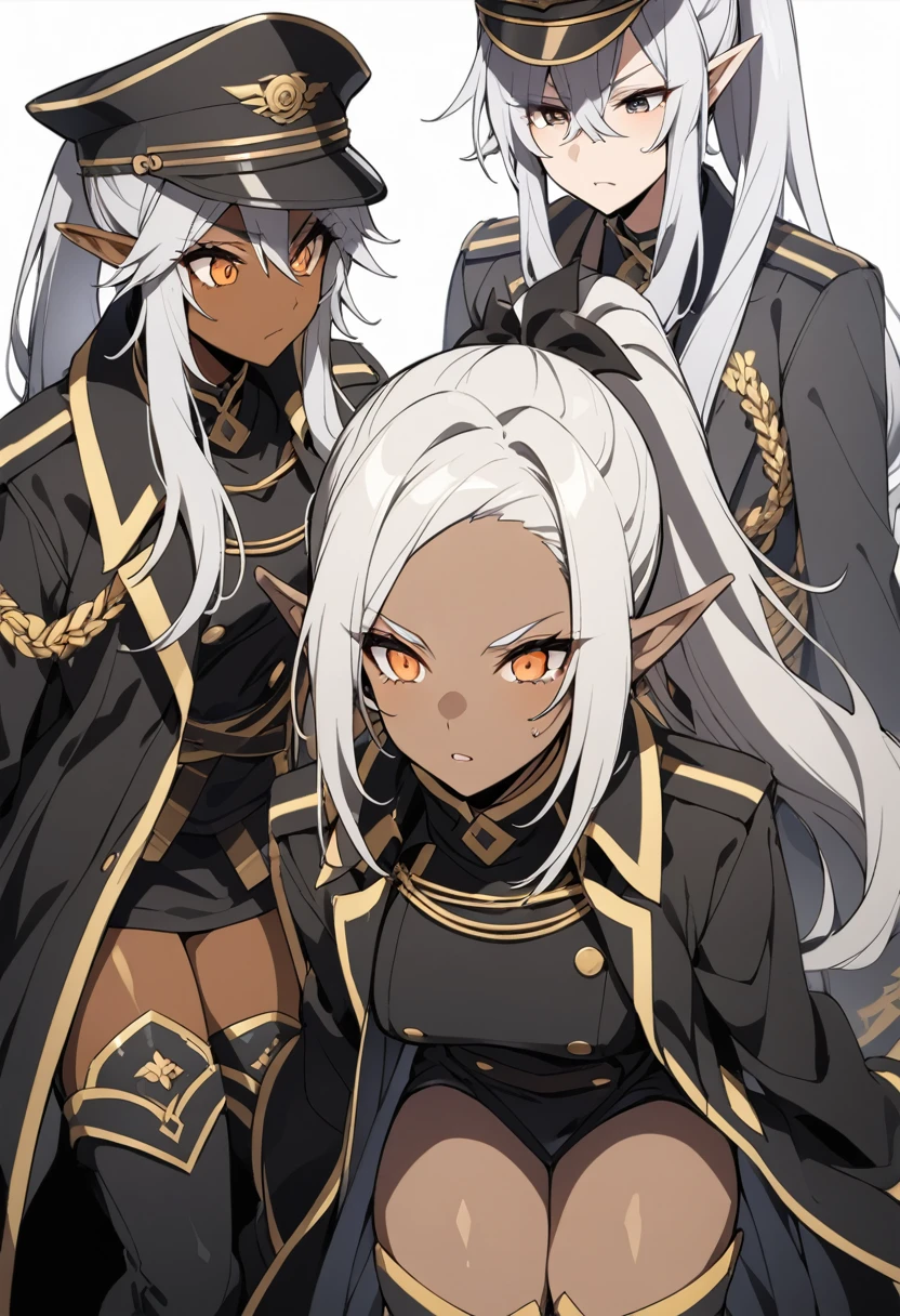 orange eyes,,((brown skin,dark elf,))grey hair,1lady,high ponytail, gold and black coat,jewelry,gold and black uniform,military hat,thigh boots,
