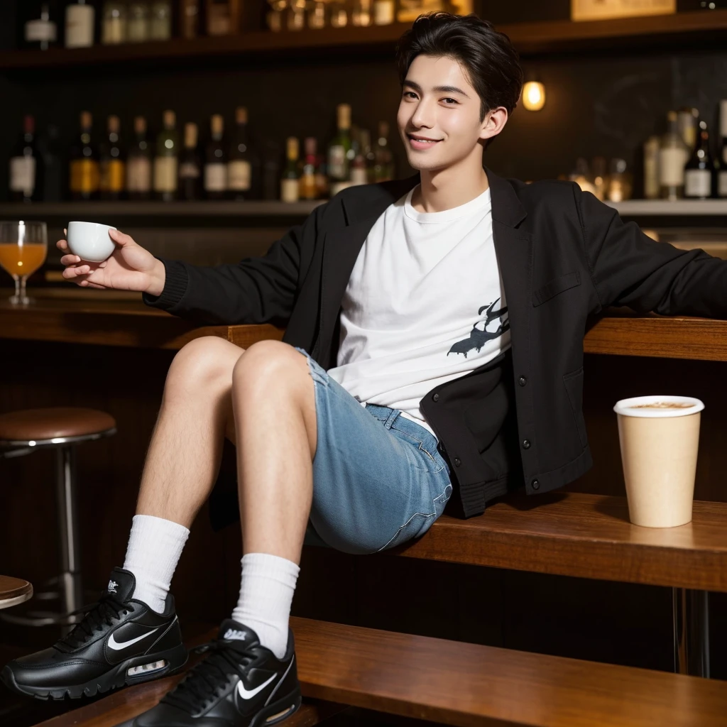 A turkish boy handsome,,ultra high resolution,perfect skin,ultra delicate photo,wearing a ((black jacket)) and white t-shirt, Blue jeans which is torn on his knee,I want black Nike shoes withwhite patterns , he is sitting at a bar enjoying a cup of coffee, his smiling face is turned towards the camera, the picture is taken from a side angle, half smile,front view,In the background you can see happy lighting,