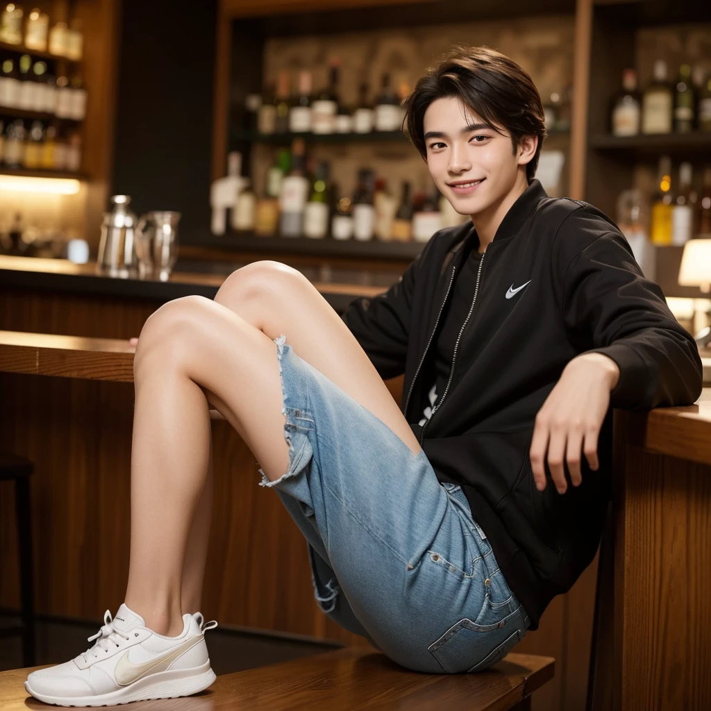 A turkish boy handsome,,ultra high resolution,perfect skin,ultra delicate photo,wearing a ((black jacket)) and white t-shirt, Blue jeans which is torn on his knee,I want black Nike shoes withwhite patterns , he is sitting at a bar enjoying a cup of coffee, his smiling face is turned towards the camera, the picture is taken from a side angle, half smile,front view,In the background you can see happy lighting,