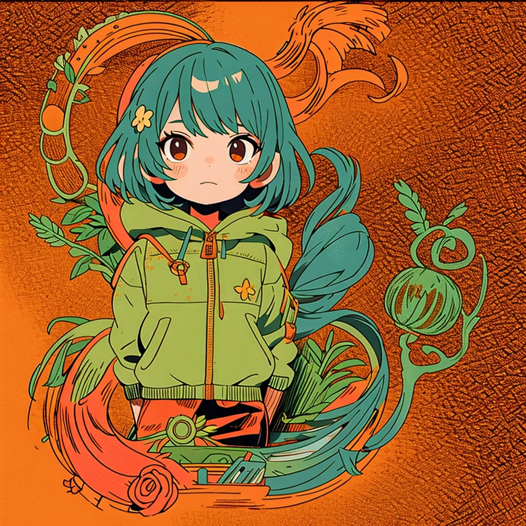 Stylized anime illustration BREAK Profile focused on character in background BREAK Short-haired white character wearing a large hooded jacket, BREAK looks to the side with a calm expression。The complex background of machine gears and cogs、Expressed in a variety of soft colors。, Create complex yet harmonious mosaics