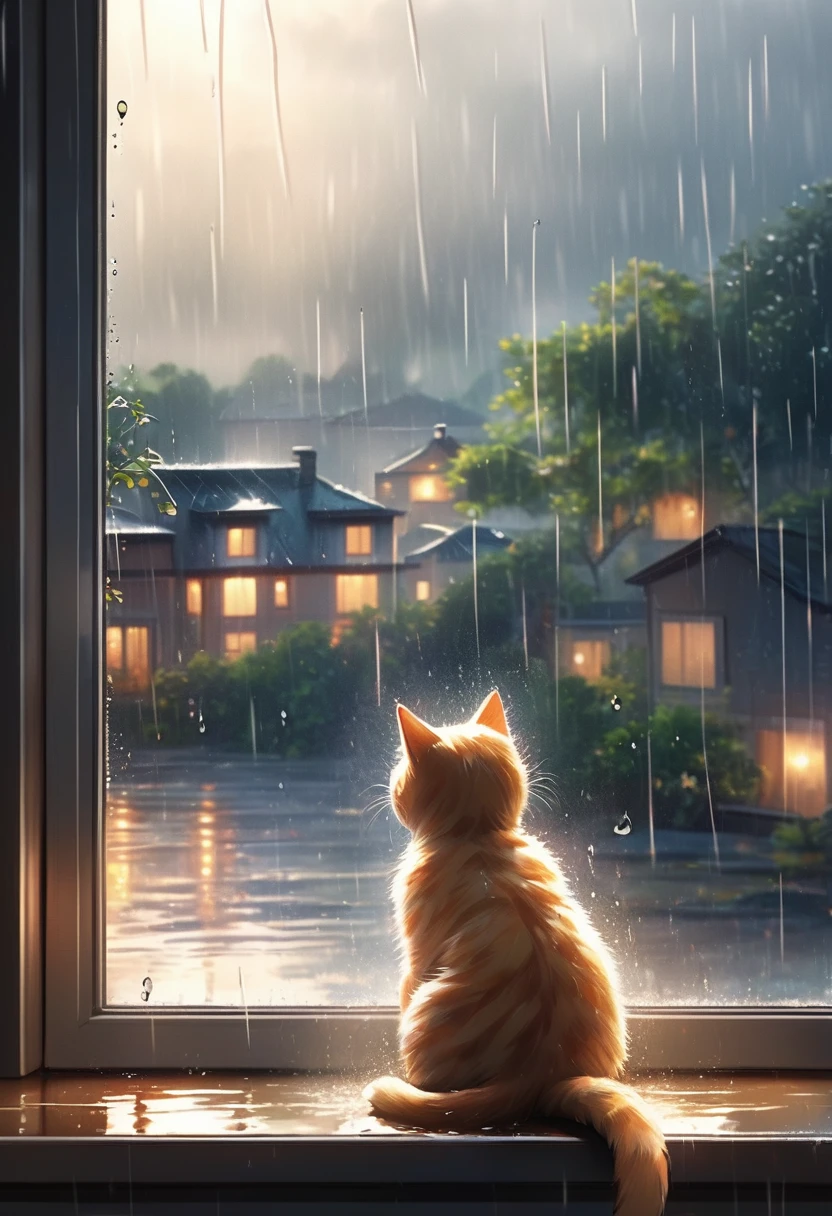(Highest quality, Realistic, High resolution:1.2),A cat sitting by the window looking outside、Raindrops falling on the window,Windows with water droplets,Realistic rain,Beautiful window view,Blurry background through the window,Soft natural light,Realistic rain effect,the sound of gentle rain,Water flows down the window,Fresh rain,Cozy indoor atmosphere,Dimly lit room,Calm rainy day,Relaxing atmosphere,Raindrops reflected on the window,the smell of fresh rain,moisture on the window,Calm mood,Rainy cityscape outside the window,Quiet Moments,Water running down glass,Calming Rain Sounds,humidity in the air,pleasant rain,close up of raindrops,Quiet Meditation,Atmosphere on a rainy day,Water running down glass pane,subtle rain pattern,Gentle rainy landscape,Atmosphere during rainy weather,cozy indoor setting,rainy window view,Relaxed Rainstorm,Raindrops make patterns,Drizzle,Relaxing Rain Soundscape