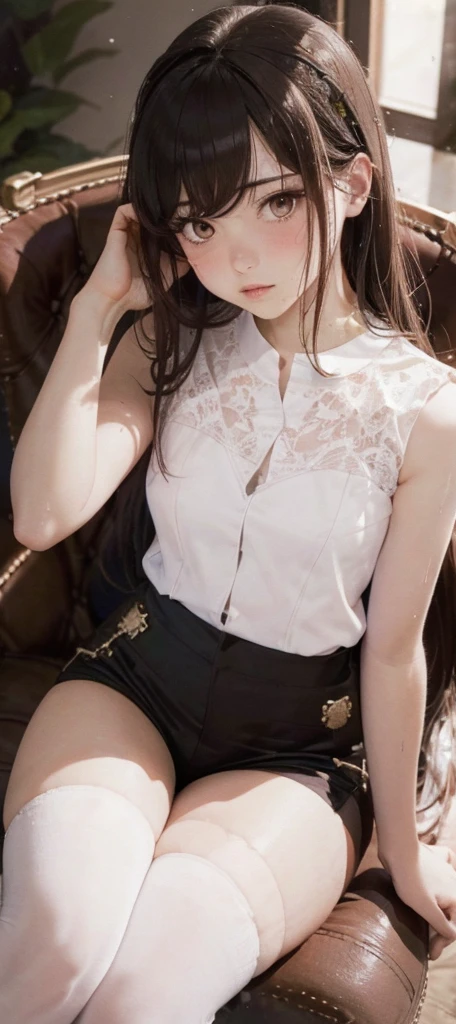 (Traditional Media:1.2), (2D:1.2), (center:1.3), figure, (((masterpiece))), ((())), From below, Sitting in a chair, High resolution, Absurd, Dark Background, Very good, Realistic, real, humid, Blushing, Wet and see-through sleeveless top, like々New Appearance, (((Embarrassed look))), Pink Lip Gloss, (((Underarm))), (((View your viewers))), (((skin only))), ((Medium Chest)), Correct Anatomy, Perfect Face, Thighs, mascara, Fair skin,