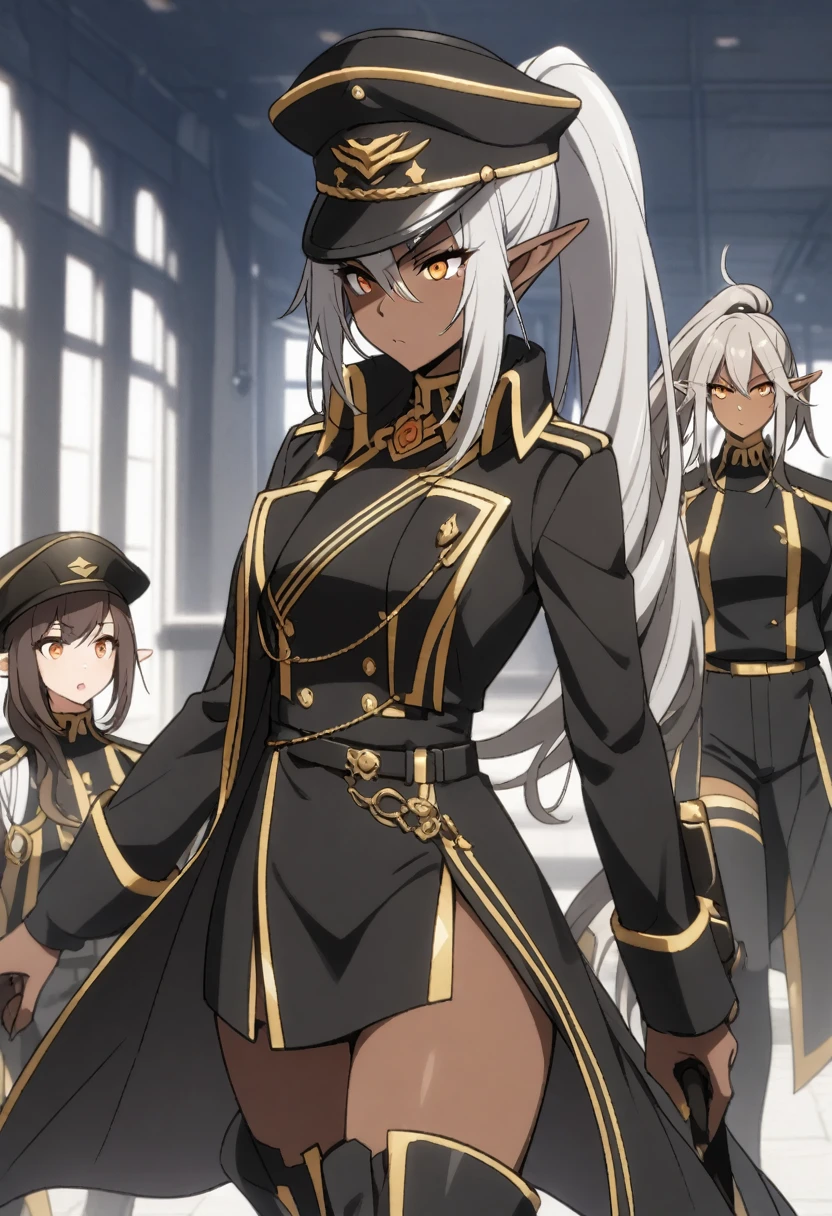 orange eyes,,((brown skin,dark elf,))grey hair,1lady,high ponytail, gold and black coat,jewelry,gold and black uniform,military hat,thigh boots,
