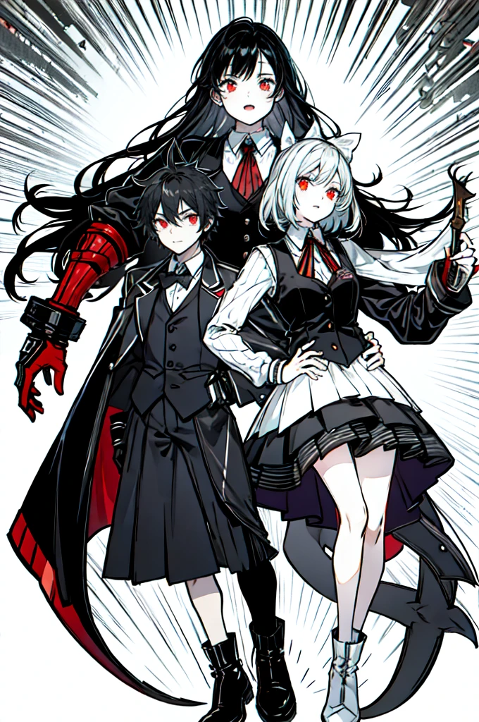 and a 25 year old looking man has long dark black hair, shark-like teeth. His typical attire consists of a black vest, white and red striped bow, black gloves and red ankle-length high-heeled boots. Furthermore, wears a black coat, which you wear without covering your shoulders, hanging on the elbows. 