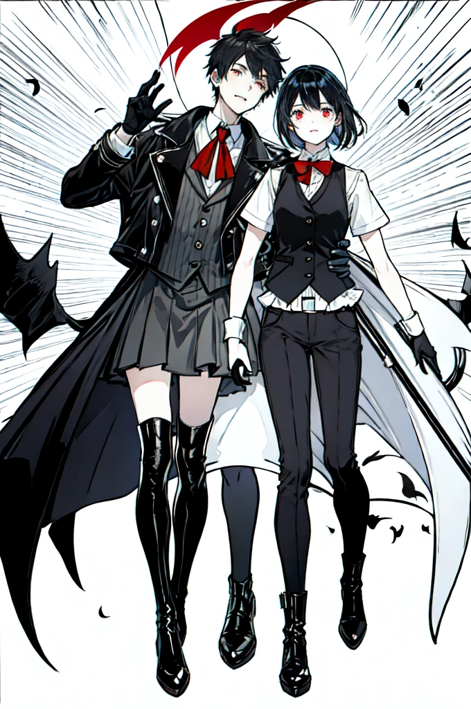 and a 25 year old looking man has long dark black hair, shark-like teeth. His typical attire consists of a black vest, white and red striped bow, black gloves and red ankle-length high-heeled boots. Furthermore, wears a black coat, which you wear without covering your shoulders, hanging on the elbows.