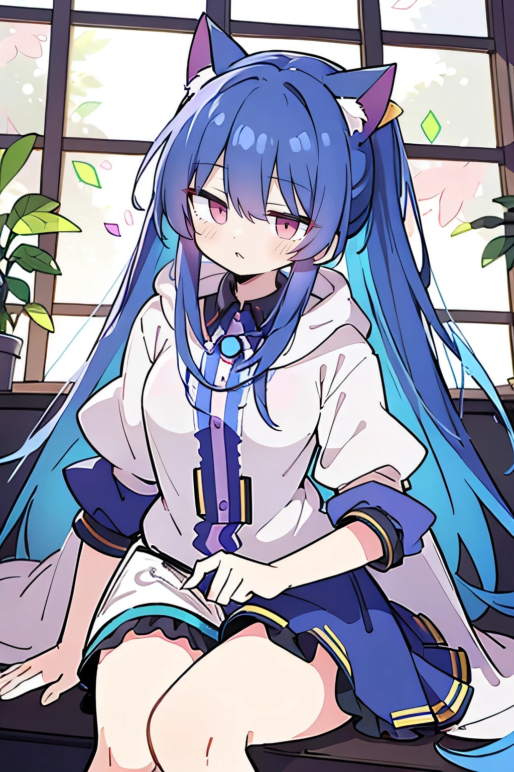 （best quality：1.3）、（masterpiece：1.3）、（illustration：1.3）、（Super detailed：1.3）、（imide lenses：0.9）、1girl、Medium breasts、Purple Eyes、（（dark blue hair） ）、hair accessories、young、Clothing - Gladiolus、long hair、dark blue hair、indoor、black shorts、high socks、low ponytail、Expressionless、Upper Body、close up、coat、skirt（masterpiece：1.2），Super detailed，lifelike，Expressive eyes，fair skin，perfect face shape，1 girl，
Japanese comics,Gorgeous blue hair,flowing blue hair,flowing clothes,Cat ears,Petals fall,beautiful lola, Angel,
Shaking head with one hand，Cross your legs，Gentle and peaceful background，The pavilion is cool and comfortable,smile, wearing hoodie, In front of the window,snowing