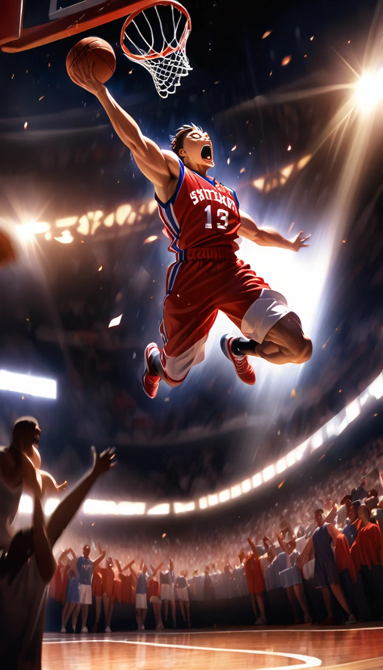 A powerful, game-winning dunk by a professional basketball player, mid-air, with intense facial expression, basketball court background, dramatic lighting, action shot, muscular figure, sports uniform, dynamic movement, court floor reflection, crowd cheering