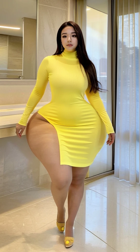 (masutepiece,High quality:1.3),(depth of fields:1.3) ,((front body:1.35)), Japanese ,woman, sexy female body with curves, natural makeup,standard height, (yellow Long Sleeve Round neck T-shirt Maxi Tight Dress:1.2), (huge breasts:1.5), thicc, curvy,(Looking at Viewer:1.3),(full body:1.2),Inside the office by the window, thick thick
