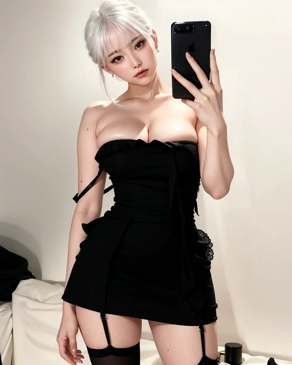 white hair, neckline, wavy hair, big breasts, pale, korean light makeup, thick thighs, feminine delicate hands, cintura de avispa, delicate hands with acrylic nails, bangs, face perfect