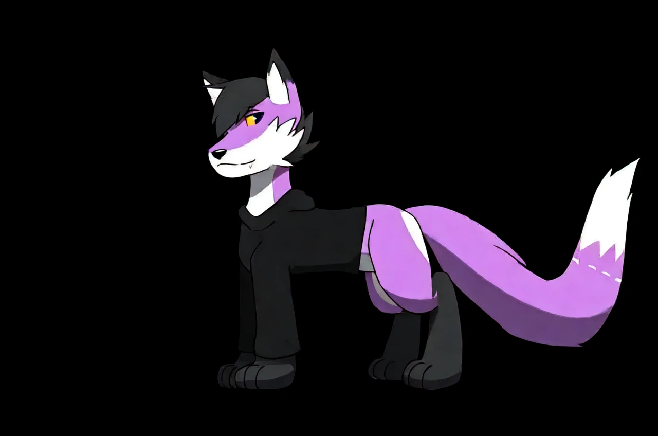 A purple feral fox wearing a black hoodie. Butt, ass_up, featureless_crotch, male