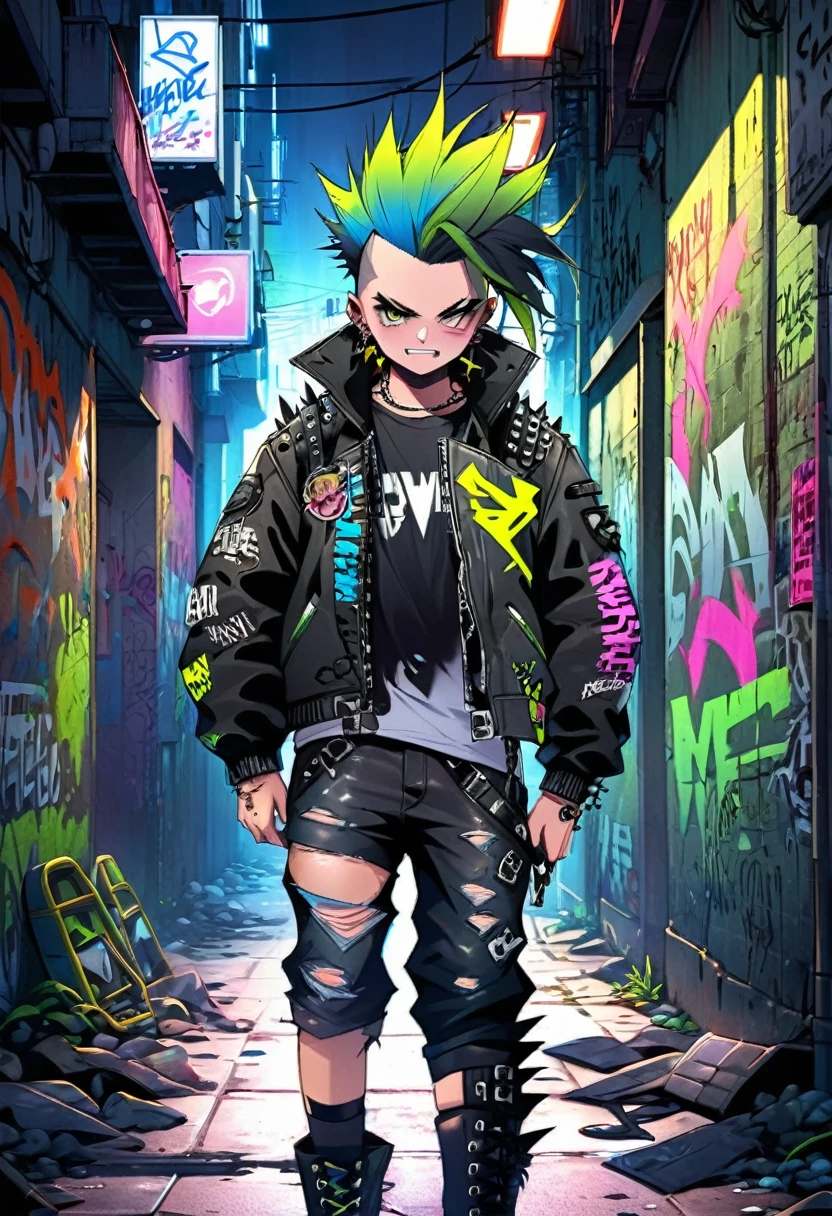 A man with a metal punk style is walking down the streets in a dystopian world. The scene is set in a world dominated by metallic elements and punk aesthetics. The man's appearance is characterized by a rebellious and edgy fashion style, with an outfit consisting of leather jackets, ripped jeans, and heavy metal accessories, and military style boots with straps and spikes. His hair is spiked and dyed in vibrant neon colors, showcasing his fierce personality. His mouth has a devious, almost evil grin to it.

The environment around him is heavily influenced by a post-apocalyptic setting, with dilapidated buildings and crumbling infrastructure. The streets are filled with graffiti and signs of rebellion, reflecting the punk subculture that permeates this world. Neon lights flicker in the dimly lit alleyways, casting an eerie glow and creating an atmosphere of tension and uncertainty.

The man's movements are confident and purposeful as he navigates through the abandoned streets. His eyes are piercing and filled with determination, while his lips are sealed with an expression of defiance. The attention to detail in depicting his eyes and facial features is paramount to capture the essence of his rebellious nature.

The overall image quality is of the highest standard, with a focus on ultra-detailed rendering and vivid colors. Each design element, from the textured leather of his jacket to the intricate patterns in the graffiti, is meticulously crafted to create a photorealistic masterpiece. The lighting technique enhances the dramatic atmosphere, with shadows and neon reflections adding depth to the scene.

In terms of art style, the prompt emphasizes the fusion of punk aesthetics with a dystopian world, resulting in a unique blend of urban grit and metallic elements. This combination creates a visually striking and thought-provoking image.

The color palette is dominated by dark hues, with accents of vibrant neon colors to create a contrast and enhance the futuristic a
