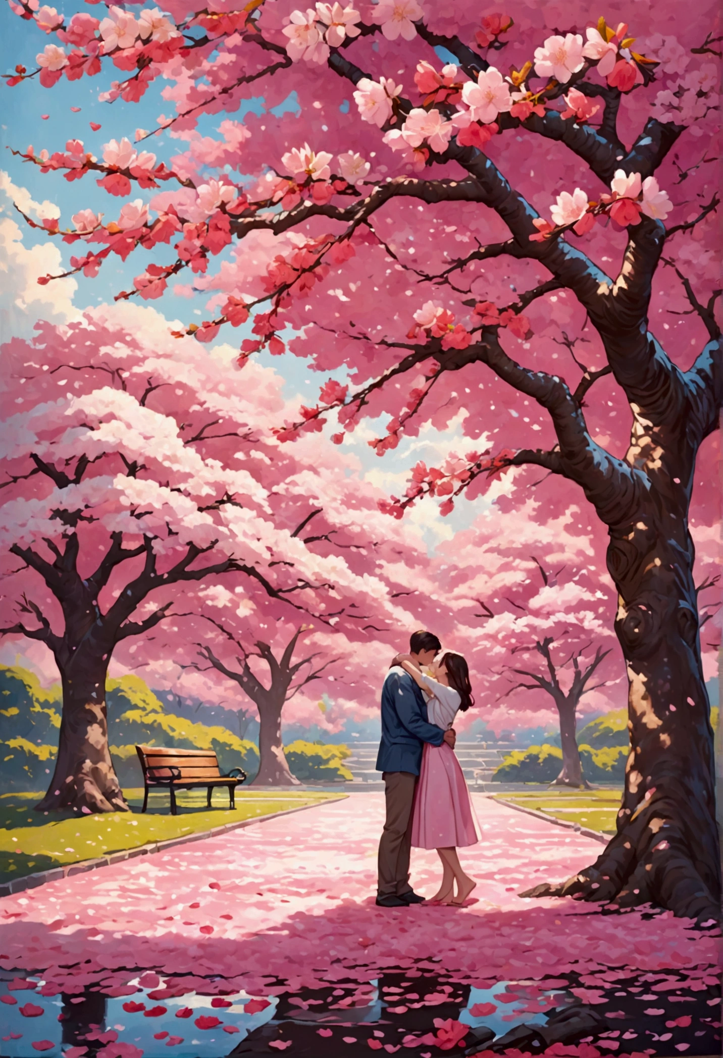 A couple embracing under a blooming cherry blossom tree in a park, surrounded by a shower of pink petals.