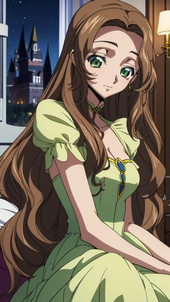Score_9, score_8, score_7, code Geass_anime, Anastasia lamperough, brown hair and green eyes, long hair, yellow dress, smile, cute, castle, room, night, best quality, masterpiece+
