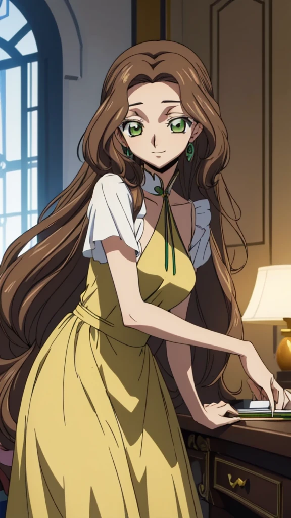 Score_9, score_8, score_7, code Geass_anime, Anastasia lamperough, brown hair and green eyes, long hair, yellow dress, smile, cute, castle, room, night, best quality, masterpiece+