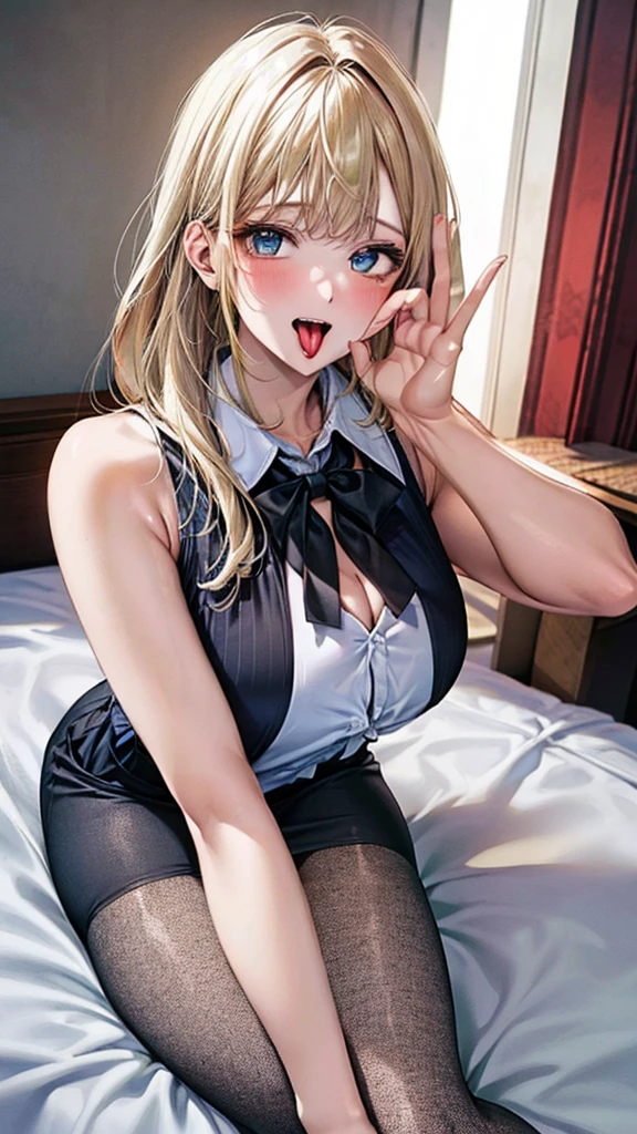 (8K、Highest image quality、highest quality、masterpiece)、detailed face、 1 girl、nakamura misaki (nanae), light blonde hair, blunt bangs, long hair, pink eyes, heart shaped earrings, mole under eye、evil smile、((fellatio gesture:1.5))、big breasts、((Light blue collared shirt))、((open shirt))、((black bikini))、cleavage、((black pleated skirt))、cowboy shot、sit on the bed、bedroom background