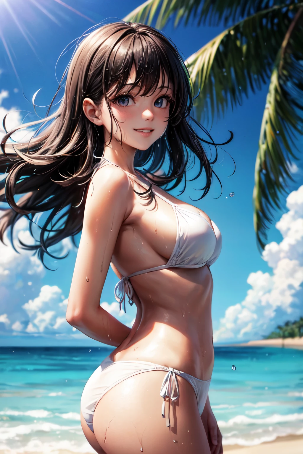 very cute and beautiful girl,(highly detailed beautiful face and eyes),(white bikini),sweat,wet,waterdrop, standing,arms behind back,beautiful legs,sandy beach,tropical resort,(smile),happy,looking at viewer,black hair, (best quality,masterpiece),absurdres,highres,ultra-detailed,extremely detailed,32k, cinematic scene,detailed background,solo,dynamic angle, hair fluttering in the wind,beautiful detailed sky,