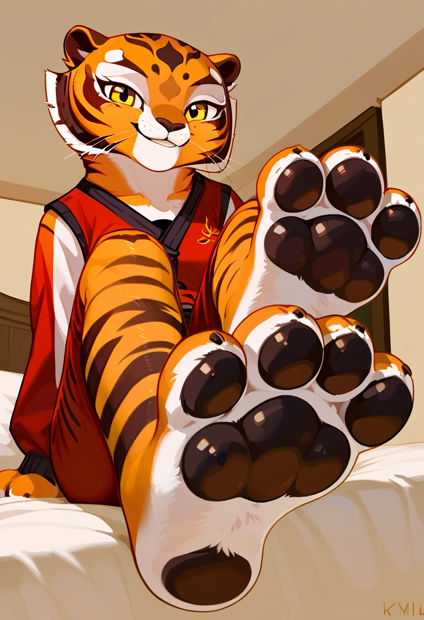 Solo, score_9,score_8_up score_7_up, anthro, Master Tigress, tiger, female, red clothes, smiling, looking at viewer, sitting, on a bed, low angle shot, close up, feet, paws, focus on feet, pawpads, pawpad, cute paws, fluffy feet, furry paws, (sfw:1.2)