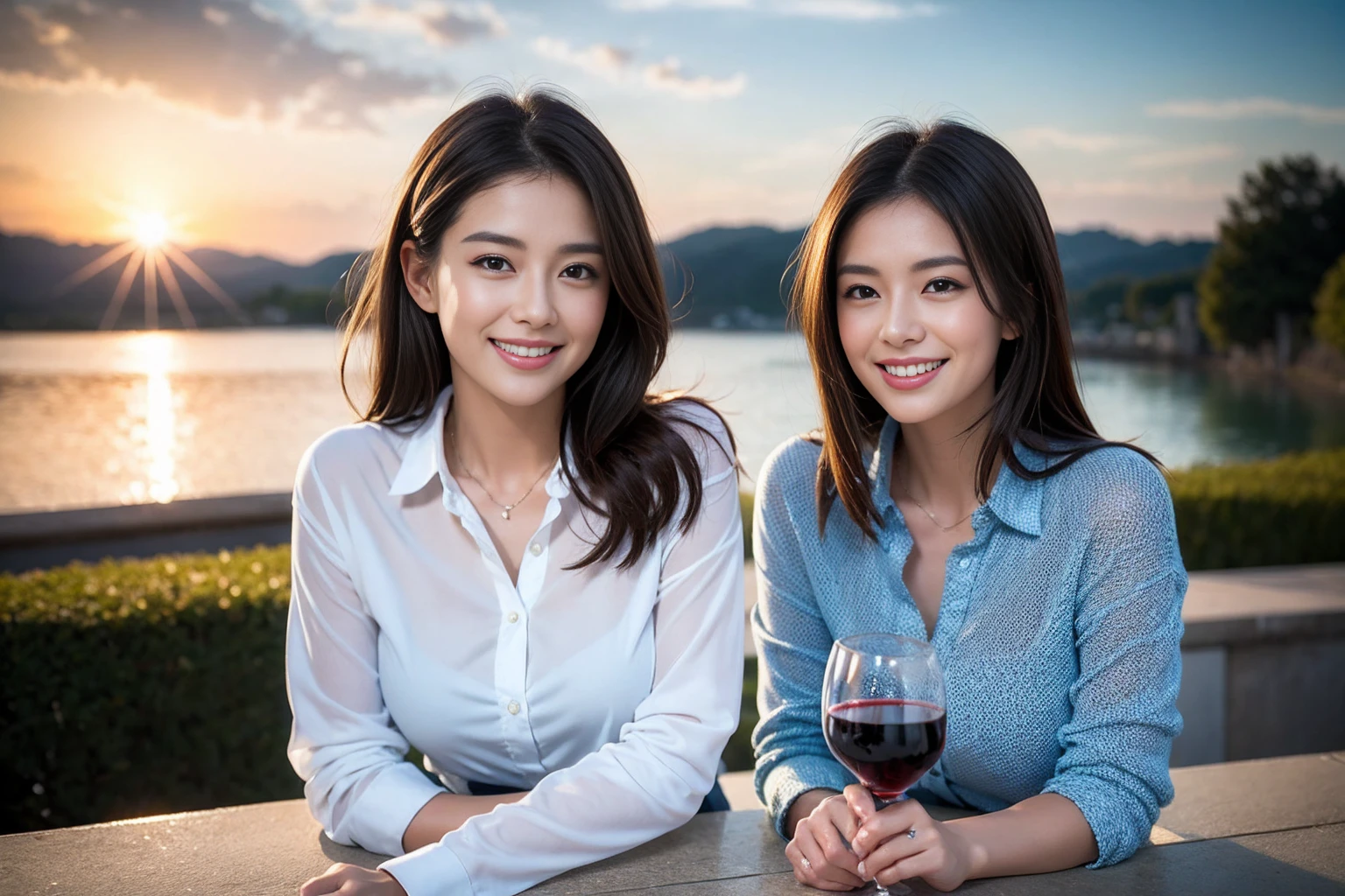 ((Highest quality、、masterpiece:1.3))、1 male、1 female,44 years old 39 years old、Please shine a light on my face、Slim Beauty、Beautiful couple、Upper Body、smile、 (Slim face), (the body is スリム), (Brown Hair), (Shortcuts), テーブルのフルコースディナーとwine glass、Amazing view of the sunset sky and clouds、smileの美しさ、Wine bottle、sparkling wine、Long sleeve shirt、dress、White wine, red wine, wine glass, Beautiful fine grain, Depth f/2,saturation, High Contrast, Strong light and shadow,Moist Body:1.5、 texture、The hair is very shiny、