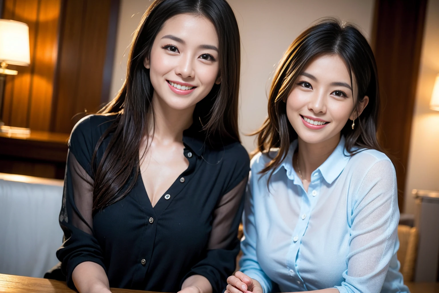 ((Highest quality、、masterpiece:1.3))、1 male、1 female,44 years old 39 years old、Please shine a light on my face、Slim Beauty、Beautiful couple、Upper Body、smile、 (Slim face), (the body is スリム), (Brown Hair), (Shortcuts), テーブルのフルコースディナーとwine glass、Amazing view of the sunset sky and clouds、smileの美しさ、Wine bottle、sparkling wine、Long sleeve shirt、dress、White wine, red wine, wine glass, Beautiful fine grain, Depth f/2,saturation, High Contrast, Strong light and shadow,Moist Body:1.5、 texture、The hair is very shiny、
