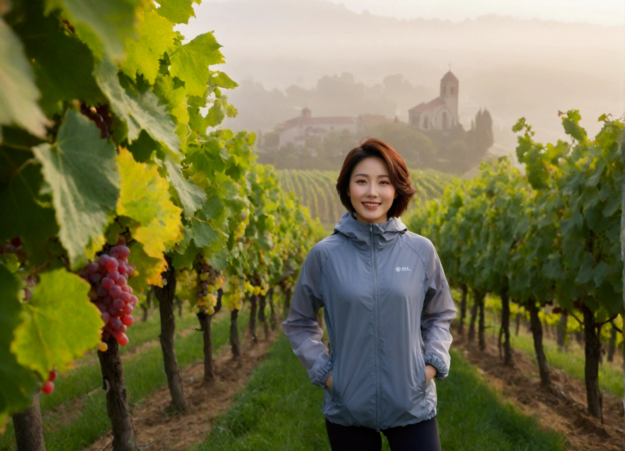 high quality, 1 woman, ((36-year-old healthy Korean woman)), ((36 years old)), 1 woman, eyes are big and beautiful. ((slim)), ((short medium hair)), Smile. pose: standing, Luxury brand windbreaker jacket, background: 1 woman, Vineyards in Piedmont, Italy, The cathedral can be seen in the distance through the early morning fog.. Full body shot with 16-34 wide angle lens, The cathedral can be seen through the foggy vineyards., looking up the side, morning red sunlight.