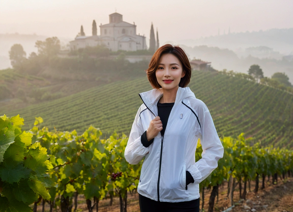 high quality, 1 woman, ((36-year-old healthy Korean woman)), ((36 years old)), 1 woman, eyes are big and beautiful. ((slim)), ((short medium hair)), Smile. pose: standing, Luxury brand windbreaker jacket, background: 1 woman, Vineyards in Piedmont, Italy, The cathedral can be seen in the distance through the early morning fog.. Full body shot with 16-34 wide angle lens, The cathedral can be seen through the foggy vineyards., looking up the side, morning red sunlight.