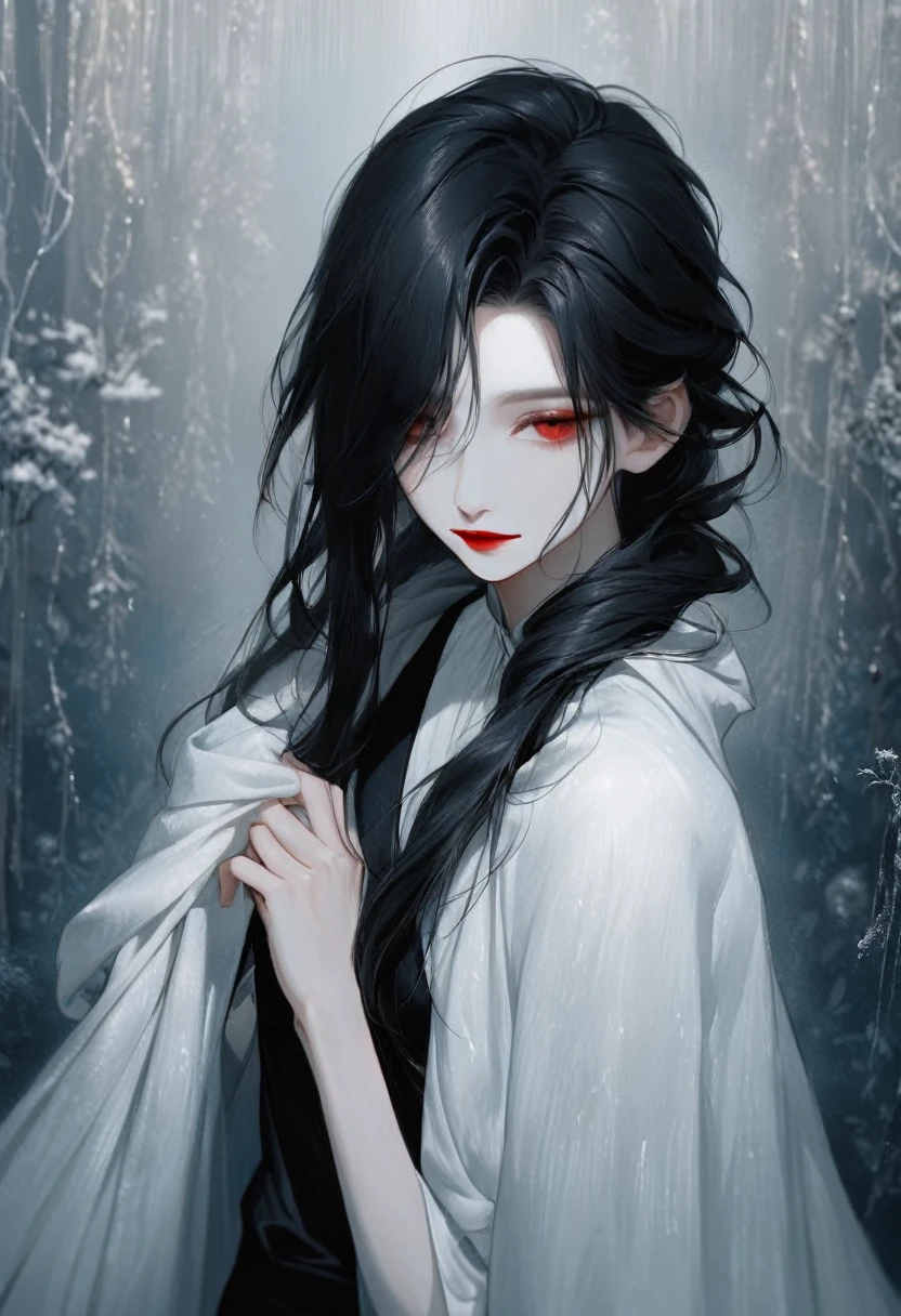 woman，With long straight black hair，Hair draped over the shoulders，Wearing a white shirt，Black vest and dark trousers，Deep and delicate facial features，Thin face，The eyes are light blue，The nose is just right，Red lips are not thin，Bright and elegant appearance，There is a strange sense of sharpness，Very cold temperament，There is no smile on his face