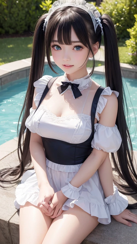 ((masterpiece)), ((highest quality、Ultra high definition)), (Very detailed),8K、Photo quality、((Amazingly cute girl)),16-year-old girl)), Two people, , (Beautiful emerald blue eyes), ((smile)),In the open-air bath overlooking the sea, Beautifully arranged black hair in twin tails、whole body、Cute lolita maid style swimsuit))、Professional Lighting、(White lace knee-highore detailed and beautiful)、(More details and cutenesore realistic)、(((Just wear light clothing)))、プールではしゃぐ、