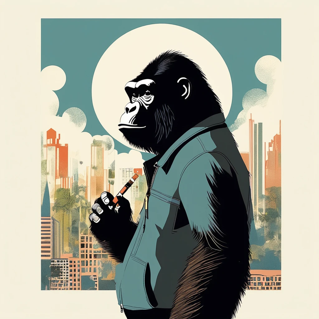 gorilla-like , sweet,very cute,art by Sophie Roach , art by Jon Klassen , art by Michael Cho , art by Sophie Roach、sunglasses,campimg,smoking,city、スケートボード