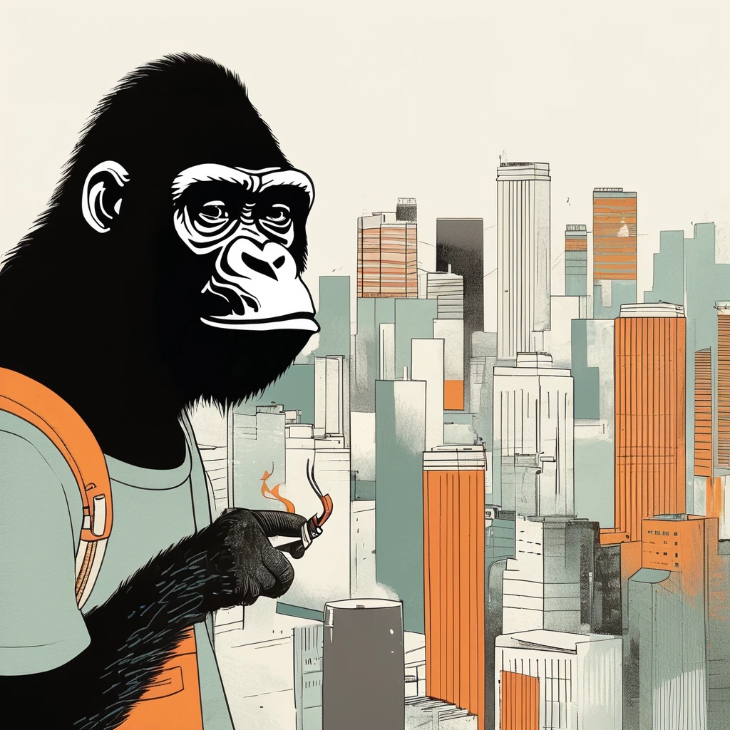 gorilla-like , sweet,art by Sophie Roach , art by Jon Klassen , art by Michael Cho , art by Sophie Roach、sunglasses,campimg,smoking,city