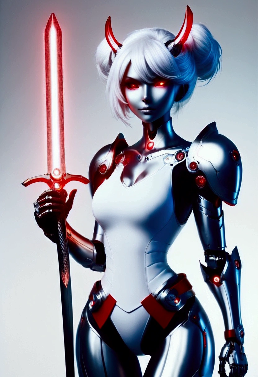 nijistyle, full body of cyberpunk paladin lady holding big glowing sword, white tabard, pauldrons, white hair, braid, red belt, cybernetic halo, mechanical arm, simple background 