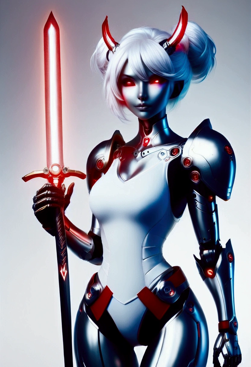 nijistyle, full body of cyberpunk paladin lady holding big glowing sword, white tabard, pauldrons, white hair, braid, red belt, cybernetic halo, mechanical arm, simple background 