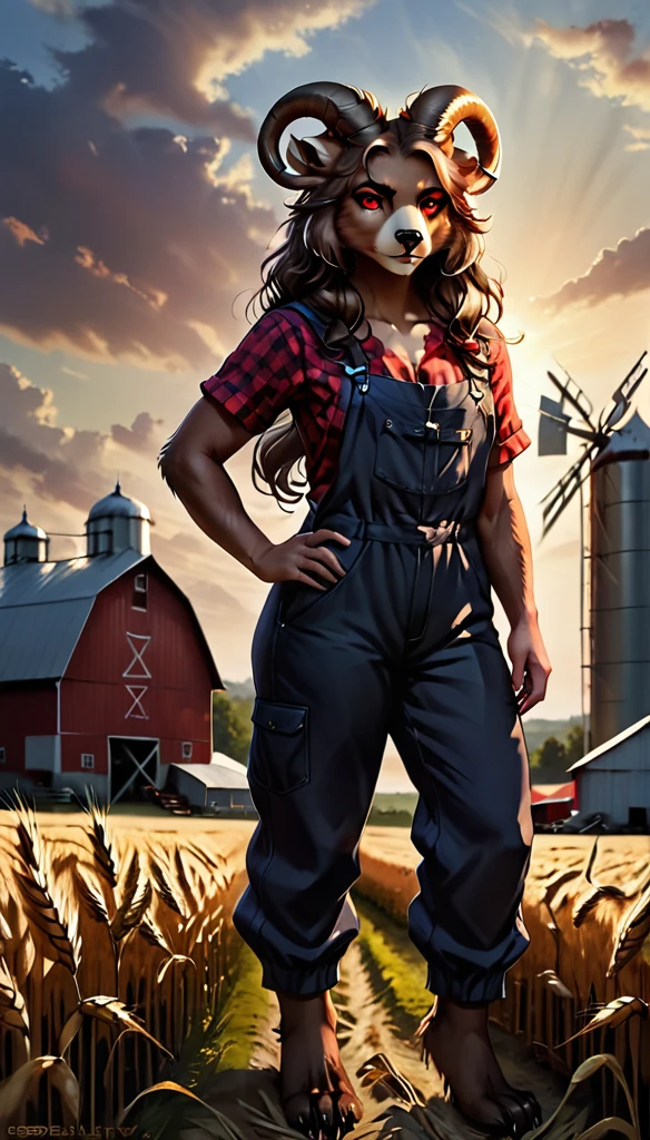 (zPDXL2),  score_9_up, concept art, realistic, dark theme, low light, BREAK
1girl, solo, fullbody, (bear:1.2), (long wavy hair, bun hairstyle), glowing red eyes, (ram horns:1.2), (bear ears, bear tail), tanned skin, farmer jumpsuit, wheat farm background, BREAK
AissistXLv2, unaestheticXL_bp5, SimplePositiveXLv2, zPDXL2 PonyXLV6_Scores