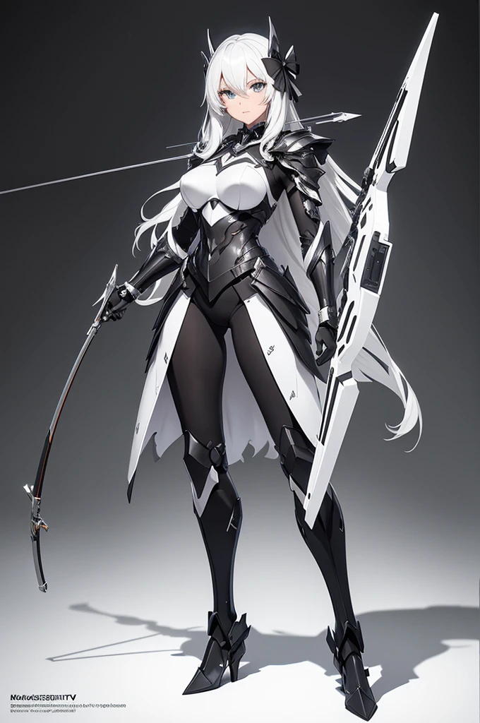 Masterpiece: 1.3), (Maximum resolution: 1.2), (Ultra HDTV: 1.2), Cinema light, Ultra HDTV, (Detailed eyes and skin), (Detailed facial features), HDR, 8k resolution, Sharp Focus: 1.2, Perfect style, beautiful face, accurate, anatomically correct, archer futuristic knight, black and white. full body, anime style mecha, bow and arrow, simple knight design, black and white, full body shot, armed with bow and arrow full body picture