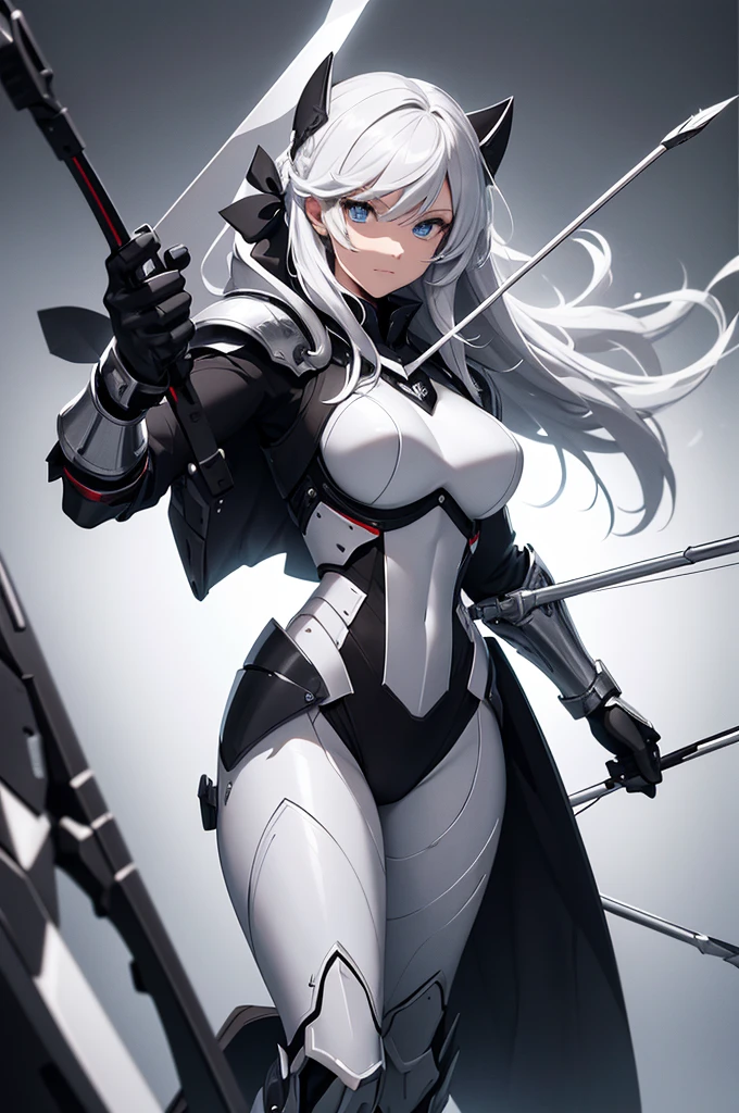 Masterpiece: 1.3), (Maximum resolution: 1.2), (Ultra HDTV: 1.2), Cinema light, Ultra HDTV, (Detailed eyes and skin), (Detailed facial features), HDR, 8k resolution, Sharp Focus: 1.2, Perfect style, beautiful face, accurate, anatomically correct, archer futuristic knight, black and white. full body, anime style mecha, bow and arrow, simple knight design, black and white, full body shot, armed with bow and arrow full body picture
