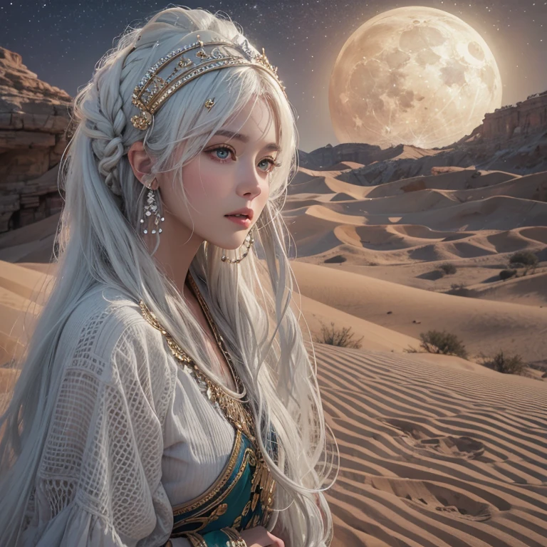 (Highest quality、masterpiece、8K、Best image quality、Ultra-high resolution、Award-winning works)、A beautiful white-haired woman watches over us from afar in the desert.........., Where the moonlight shines.、Ancient Islamic clothing、Beautiful face drawn in every detail