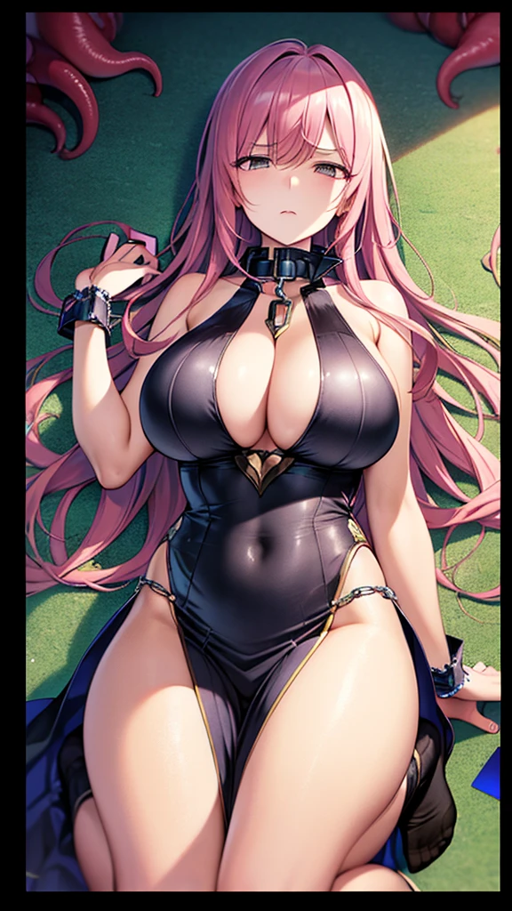 (((Masterpiece))),(((Best quality))),((Super detailed)),(illustration)，Card border，((Mechanical style clothes))，lie on the floor，Painful expression，There is a chain attached collar around the neck，Hands tied by tentacles，Dull eyes，No shoes，Long straight pink hair，Biggest Breasts，