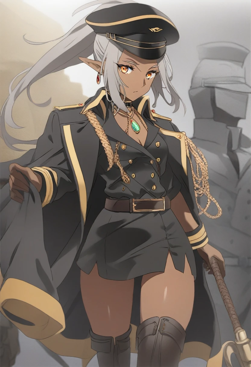 orange eyes,,((brown skin,dark elf,))grey hair,1lady,high ponytail, gold and black coat,jewelry,gold and black uniform,military hat,thigh boots,
