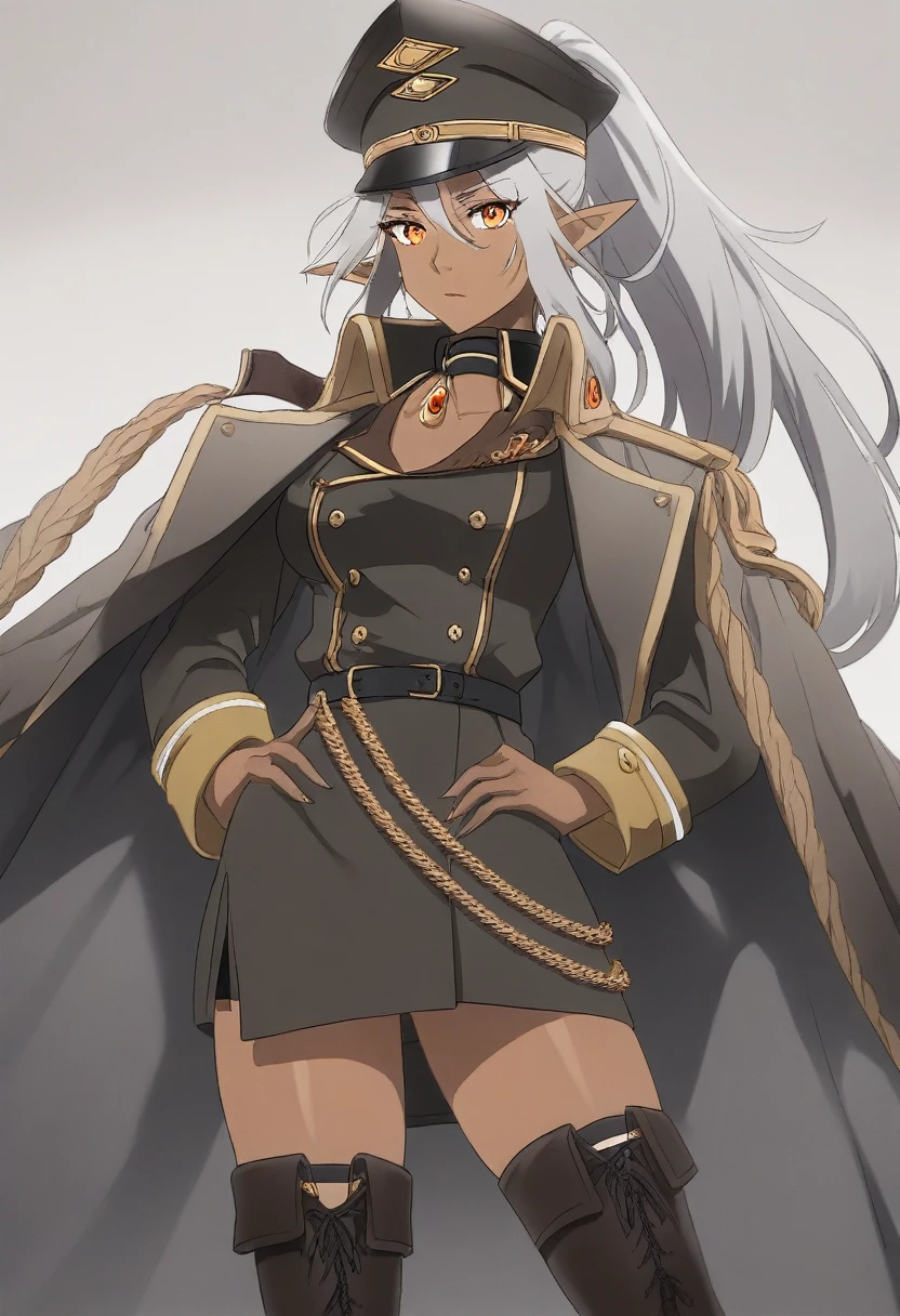 orange eyes,,((brown skin,dark elf,))grey hair,1lady,high ponytail, gold and black coat,jewelry,gold and black uniform,military hat,thigh boots,
