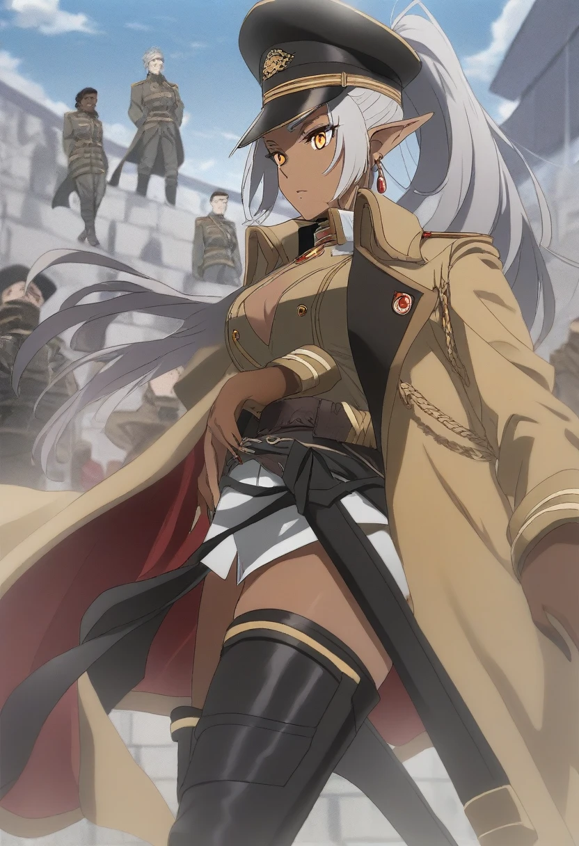 orange eyes,,((brown skin,dark elf,))grey hair,1lady,high ponytail, gold and black coat,jewelry,gold and black uniform,military hat,thigh boots,
