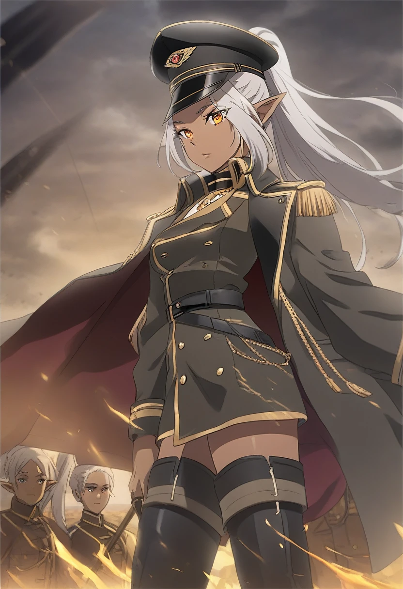 orange eyes,,((brown skin,dark elf,))grey hair,1lady,high ponytail, gold and black coat,jewelry,gold and black uniform,military hat,thigh boots,
