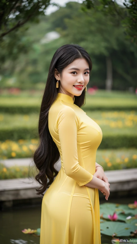 Detailed body, attractive body, perfect human body, realistic face,
(ultimate quality, masterpiece, highres:1.0), realistic:1.6, photorealistic,
[8k UHD photos, UHD high quality photos, Super detailed and super clear images],
Close-up of a Vietnamese girl two head with a detailed body, attractive body, perfect human body, realistic face,
(ultimate quality, masterpiece, highres:1.0), realistic:1.6, photorealistic,
[8k UHD photos, UHD high quality photos, Super detailed and super clear images],
Close-up of a Vietnamese girl with a beautiful face, tall and beautiful like a photo model,
, leggy, round face, big round eyes, Charming smile, Red lips, long curly eyelashes, big dimples, pointed chin, plump face, bright white skin, slim waist and long legs, wearing rings and earrings,
 Her face resembles Tuyet Linh, Tall and plump figure, wearing see-through yellow ao dai, standing in lotus pond, view from side, sexy pose,
See-through yellow ao dai, clearly see the body inside,
