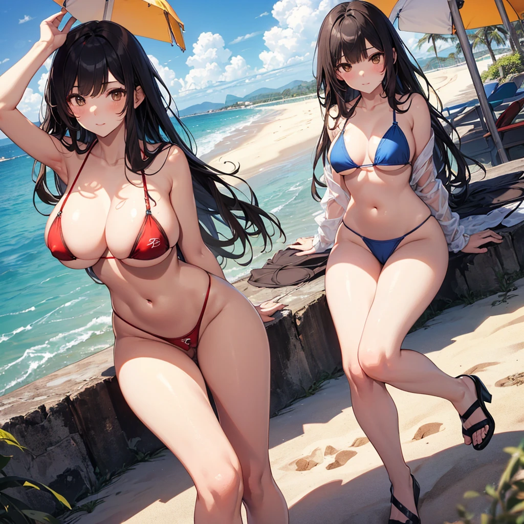 , (((Uncensored))), (((Clear picture))). high image quality, high resolution, 18 year old beautiful girl、shiny black hair、Hime cut、Brown eyes, dark eyebrows, J-cup 、172cm tall、tightened waist,、red ,  pose, Sandy Beach、Blue sky