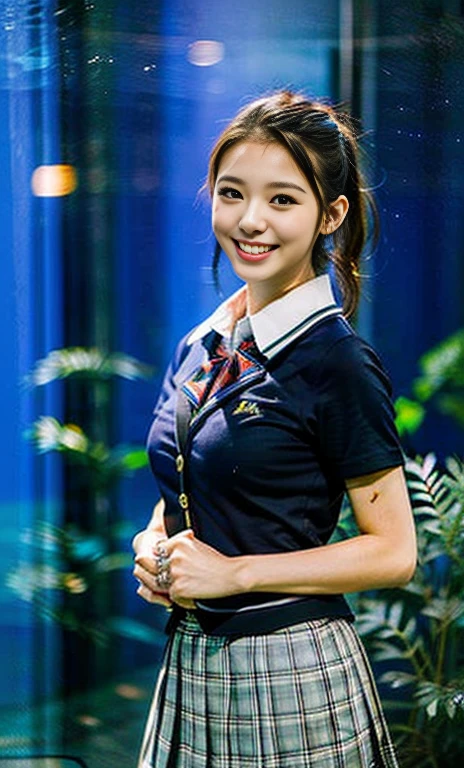 (a youthful eurasian lady, Age 23, at an Aquarium, (((full bodyesbian))), ((Girls' High School Uniforms)), short_bob_hair_ponytail, Dimples, Friendly & Kind smile, snaggle-tooth, realistic skin textures, healthy body proportion, hyper-realism, photorealistic, beautiful detailed eyes, high contrast, ultra HD, top image quality, fine details, very meticulously, masterpiece, the_cowboy_shot, bokeh background, Serene Ambience)