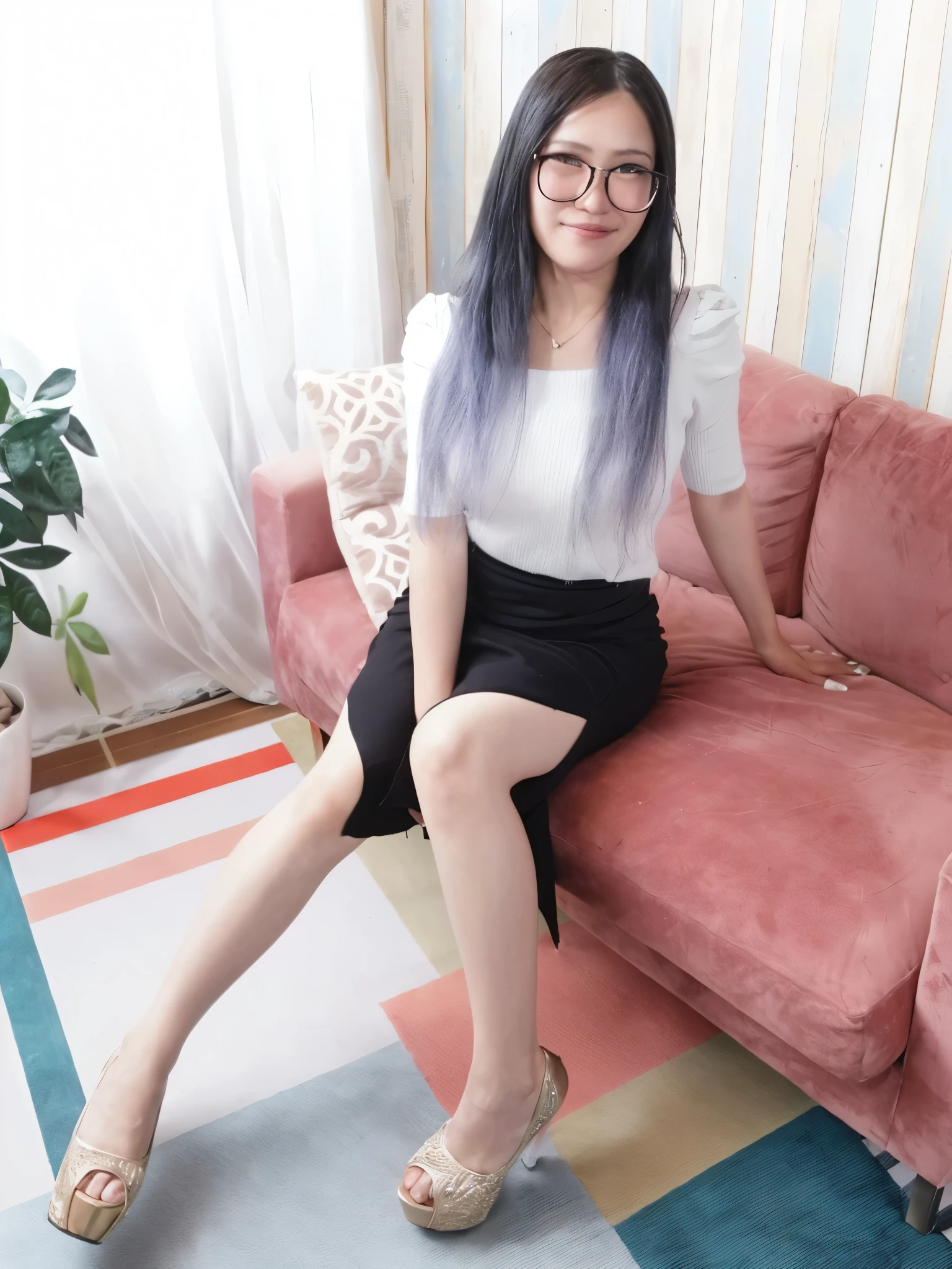 arafed woman sitting on a pink couch in a room, sitting on the sofa, sitting on a sofa, sitting on couch, sitting on the couch, sitting on a couch, taken with canon 8 0 d, sitting in a lounge, with glasses, with backdrop of natural light, on a couch, reluvy5213, sitting in her room