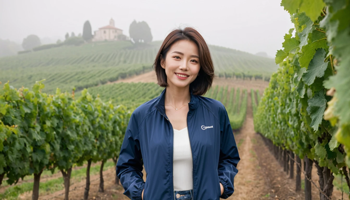 high quality, 1 woman, ((36-year-old healthy Korean woman)), ((36 years old)), 1 woman, eyes are big and beautiful. ((slim)), ((short medium hair)), Smile. pose: standing, Luxury brand windbreaker jacket, background: 1 woman, Vineyards in Piedmont, Italy, The cathedral can be seen in the distance through the early morning fog.. Full body shot with 16-34 wide angle lens, The cathedral can be seen through the foggy vineyards., looking up the side, Full body shot on the hill
