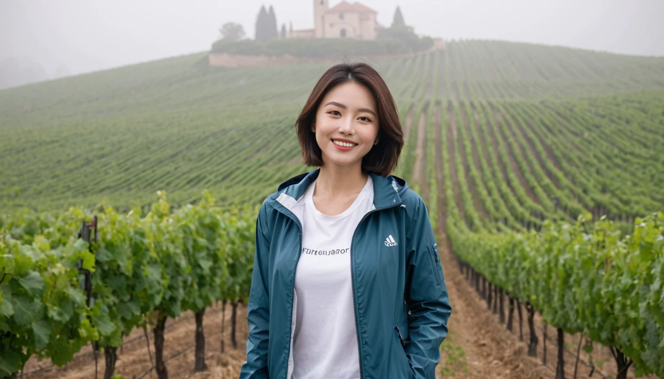 high quality, 1 woman, ((36-year-old healthy Korean woman)), ((36 years old)), 1 woman, eyes are big and beautiful. ((slim)), ((short medium hair)), Smile. pose: standing, Luxury brand windbreaker jacket, background: 1 woman, Vineyards in Piedmont, Italy, The cathedral can be seen in the distance through the early morning fog.. Full body shot with 16-34 wide angle lens, The cathedral can be seen through the foggy vineyards., looking up the side, Full body shot on the hill