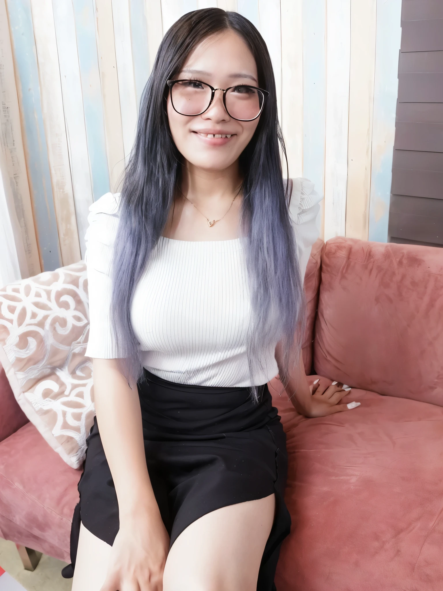 there is a woman sitting on a couch with a pink couch, with glasses, taken with canon 8 0 d, wavy long black hair and glasses, with long hair, with glasses on, asian girl with long hair, wearing thin large round glasses, sie boob, wearing black frame glasses, taken with canon eos 5 d mark iv, with square glasses