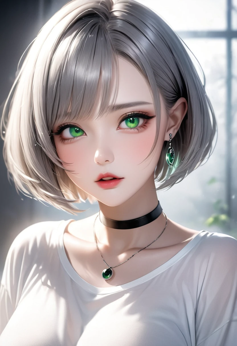 Cute Girl, glossy smooth silver short bob cut, forehead, shiny big green eyes, sighing lips, make-up, attractive and seductive expression, great Proportions, 2.5D, delicate and dynamic, foggy filter effect, beautiful effects, BREAK loose white shirt, necklace, black ring earrings, black choker
