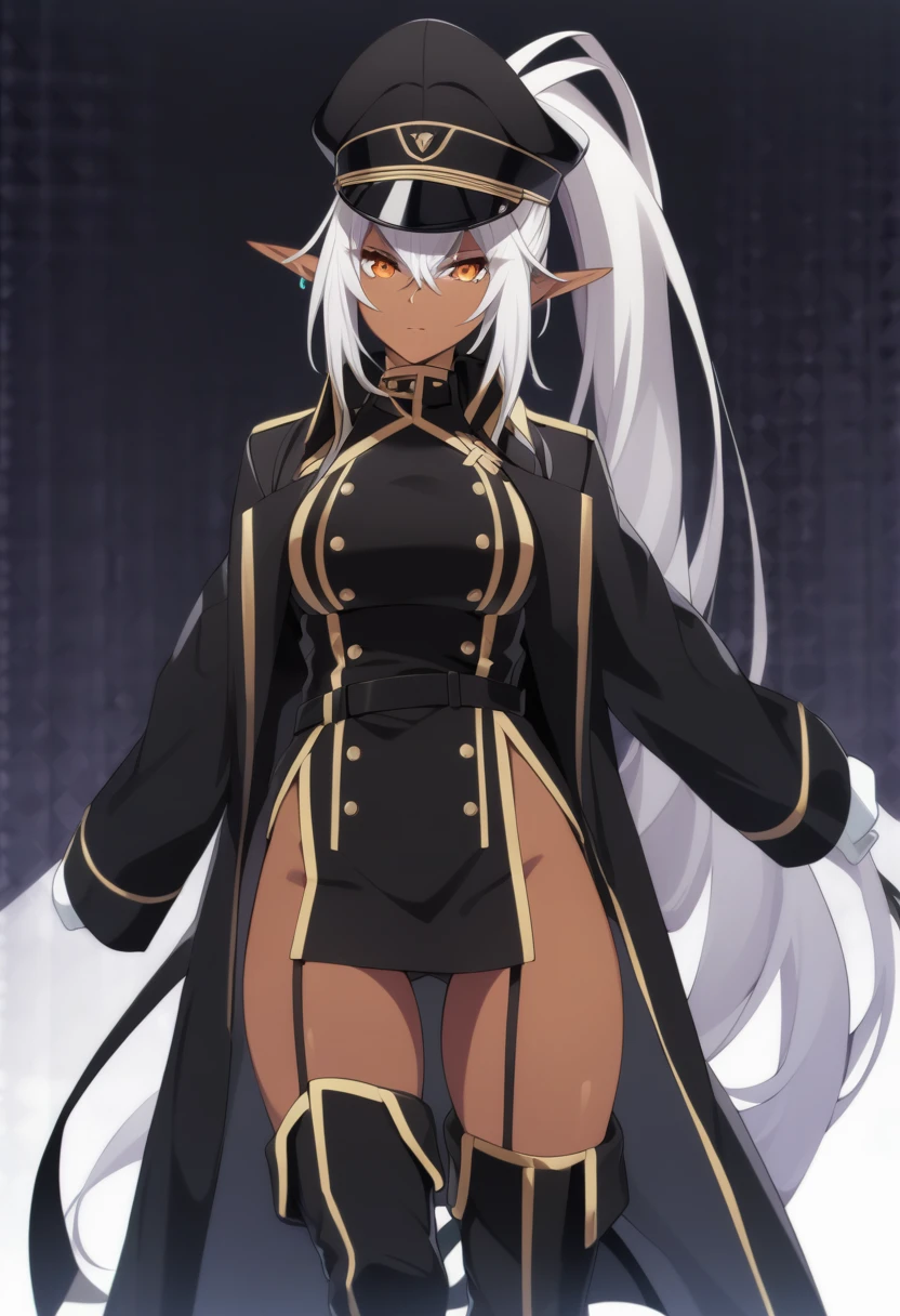 orange eyes,,((brown skin,dark elf,))grey hair,1lady,high ponytail, gold and black coat,jewelry,gold and black uniform,military hat,thigh boots,
