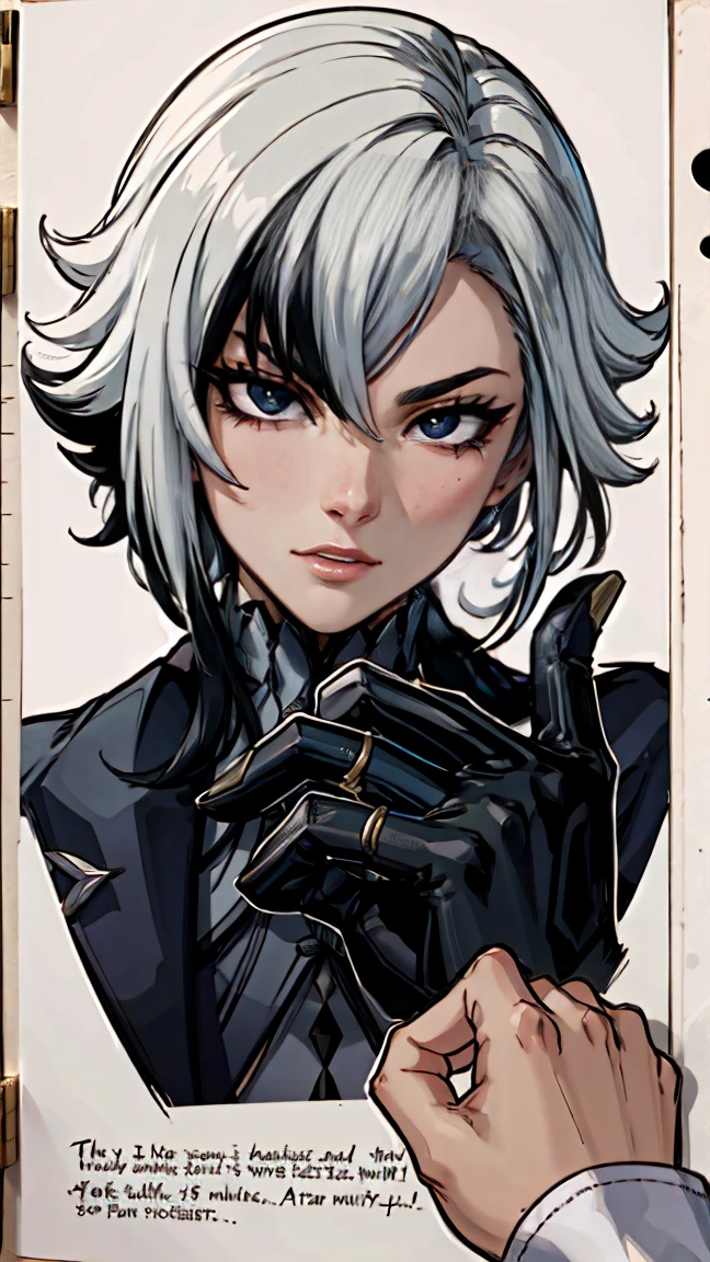 thick outlines, comics, photorealistic, perfect hands, masterpiece:1.2, Cathedral, Dark, Gothic, 1 girl, One, White hair, black hair, multicolored hair, X-shaped pupils, black eyes, Arles_suit, , detailed background, Detailed face, detailed eyes,